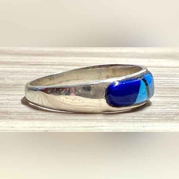 Native American Designer (8M) Sterling Silver Opal Lapis Onyx Inlay Band Ring - Picture 5 of 10